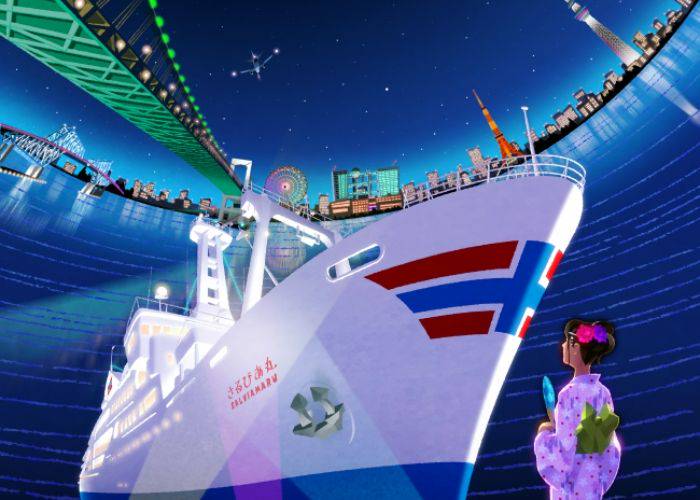An animated depiction of the Tokyo Nouryousen Cruise, set against a background of Tokyo Bay's iconic sights. A women in a yukata stands in front of the cruise.